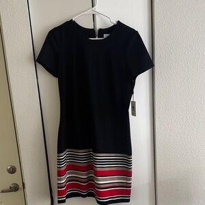 Calvin Klein short sleeve black dress with red, white and beige stripes